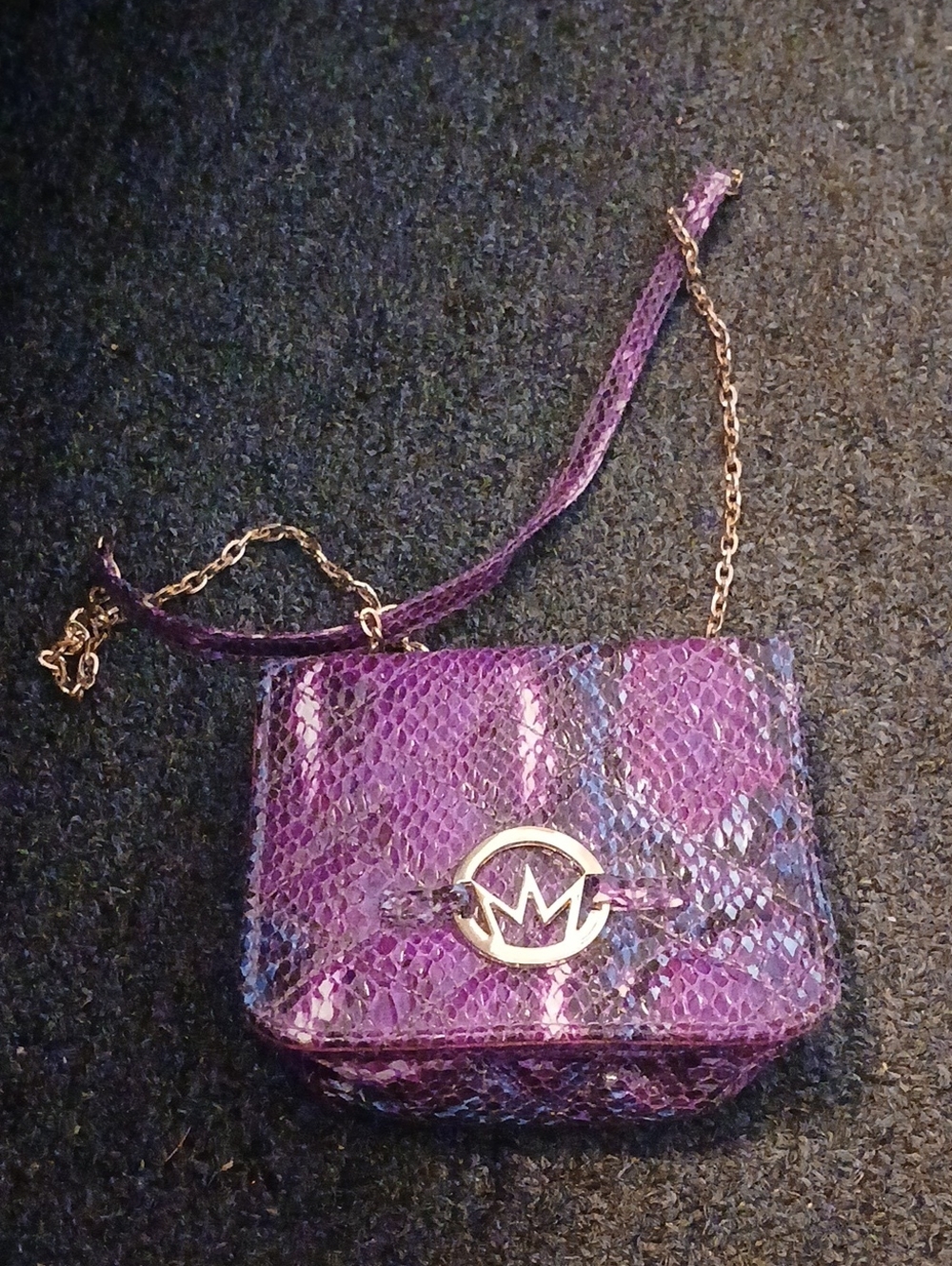 Nicki Minaj Purple Snake-Print Crossbody with Gold Emblem